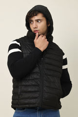 SLEEVELESS HOODED VEST-BLACK