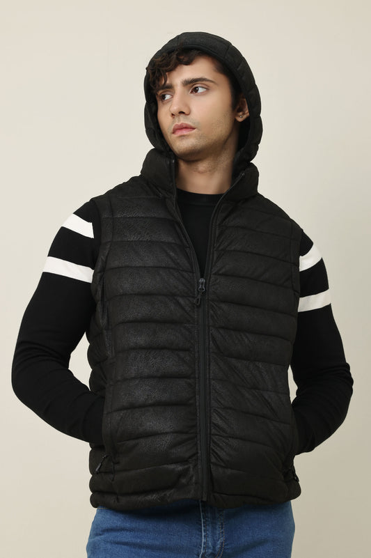 SLEEVELESS HOODED VEST-BLACK