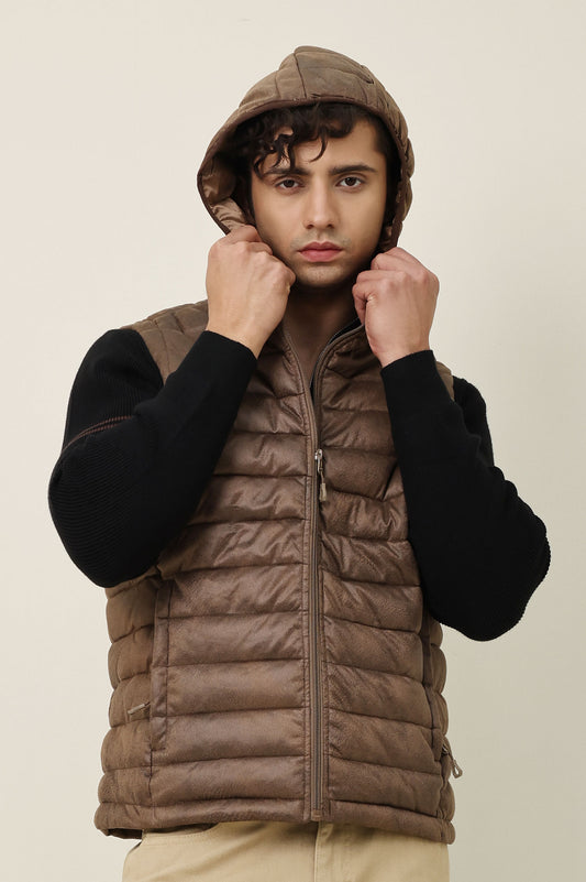 SLEEVELESS HOODED VEST-COFFEE