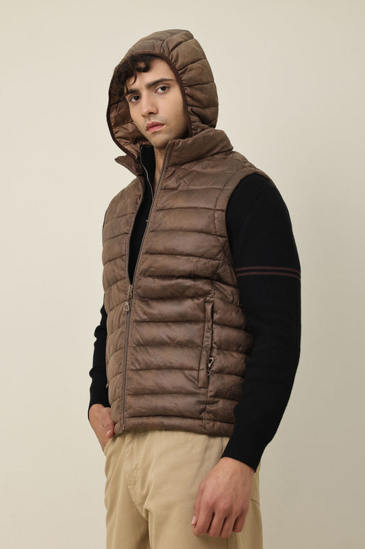 SLEEVELESS HOODED VEST-COFFEE