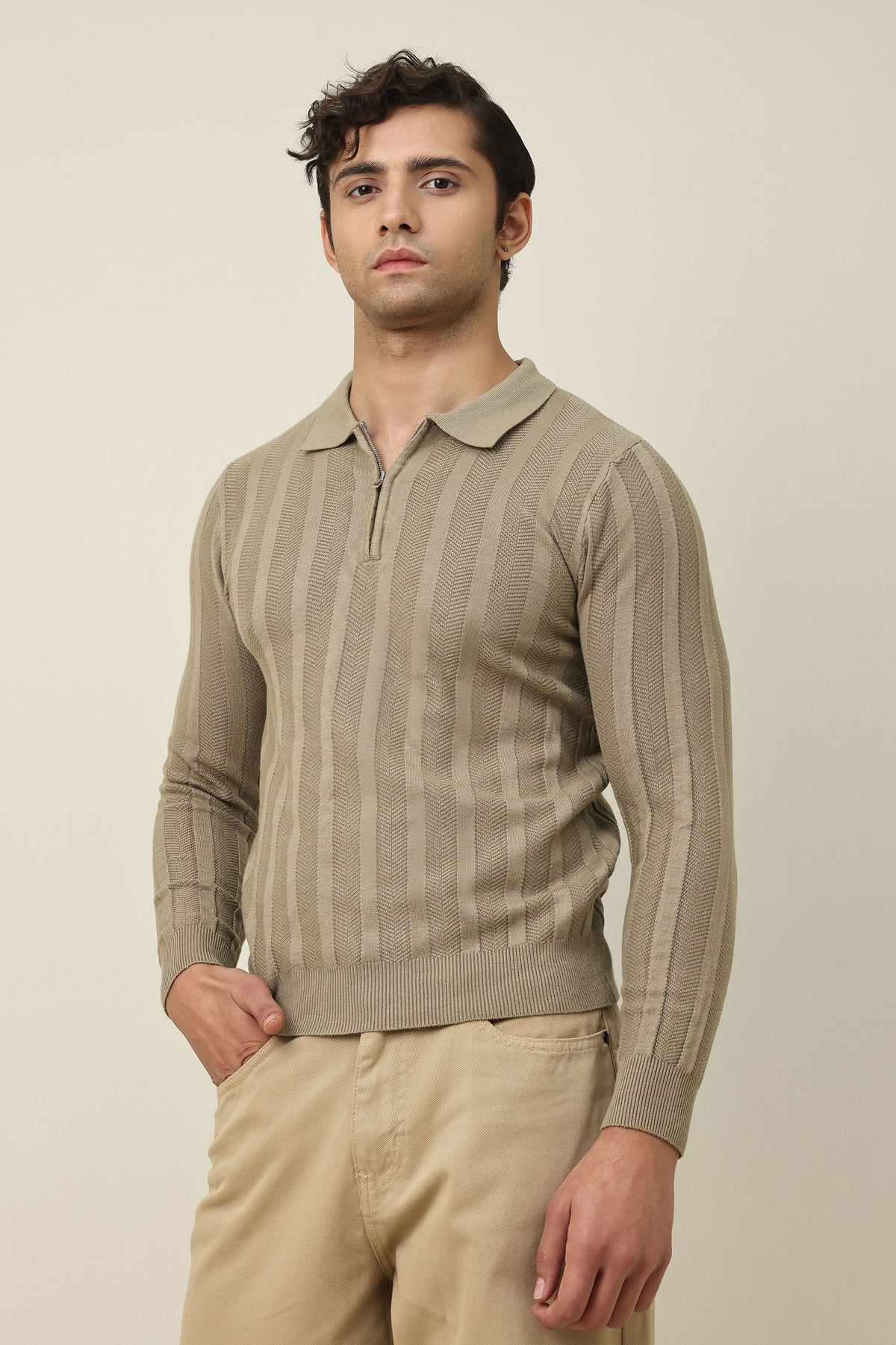 COLLAR KNITPOLO SWEATER-KHAKI