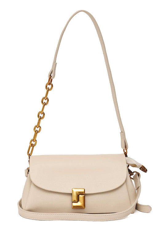 CHAIN ACCENT SHOULDER BAG-BEIGE