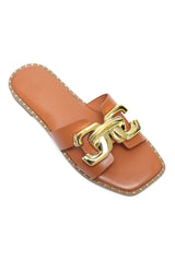 CITY CHIC BUCKLE SLIDES-CAMEL