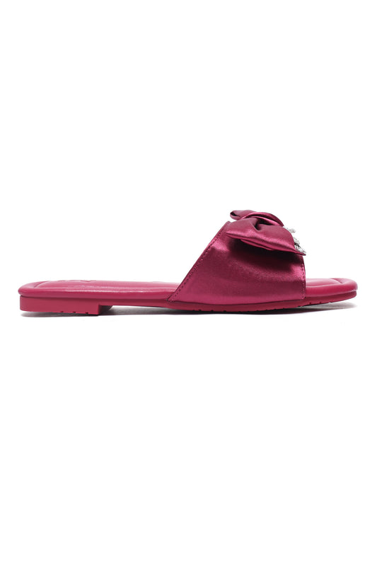 EMBELLISHED BOW FLAT SLIDES-BURGUNDY