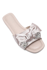 EMBELLISHED BOW FLAT SLIDES-BEIGE