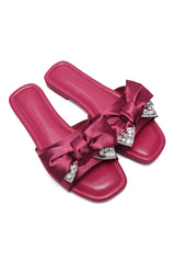 EMBELLISHED BOW FLAT SLIDES-BURGUNDY