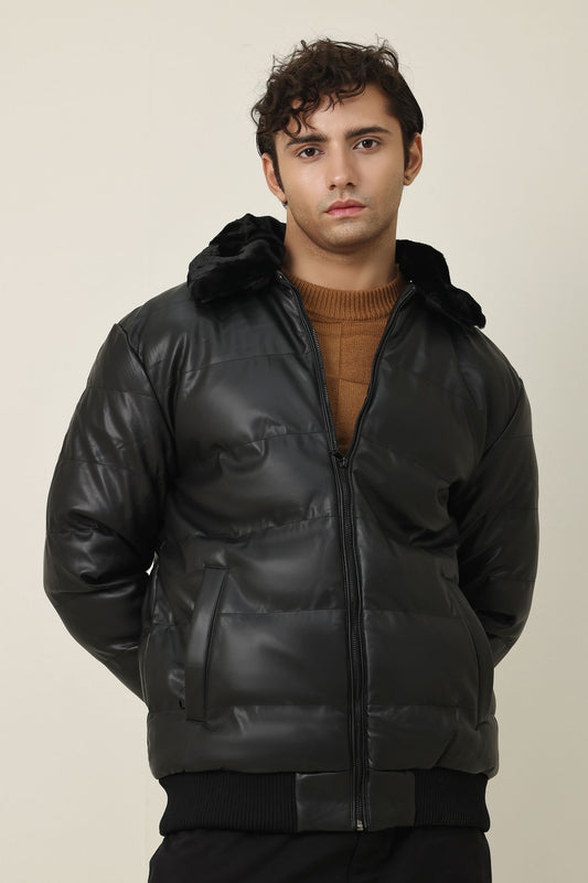 FUR COLLAR AVIATOR PUFFER-BLACK