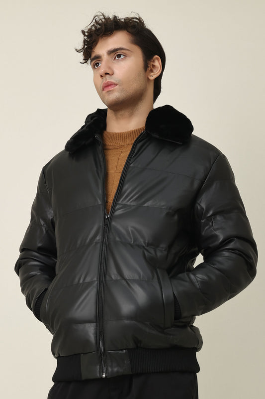 FUR COLLAR AVIATOR PUFFER-BLACK