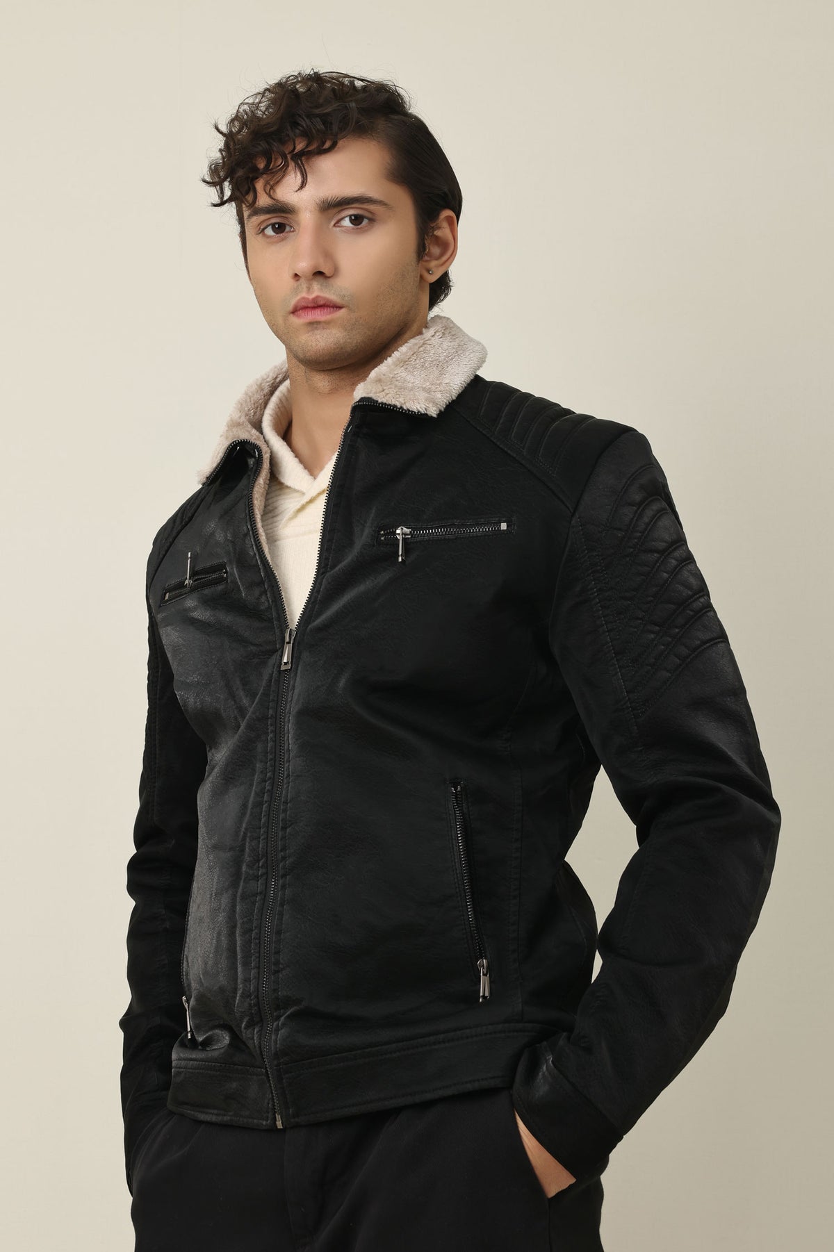 FLEECE MOTO JACKET-BLACK