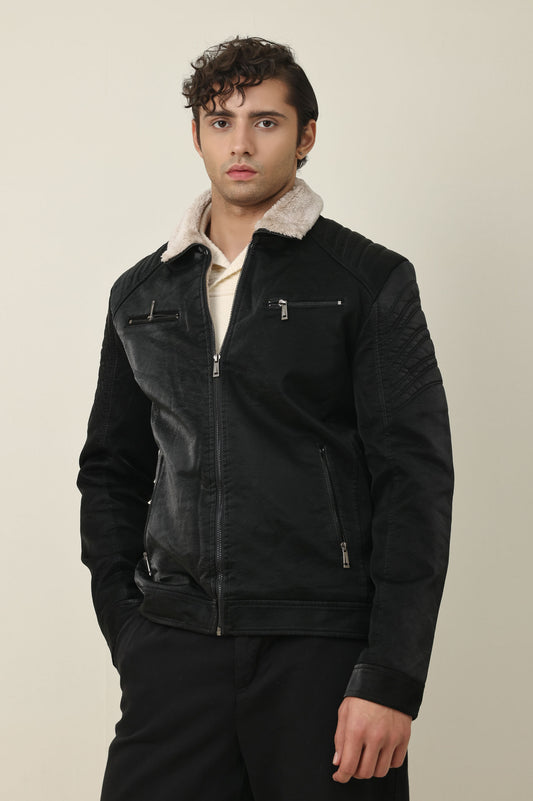 FLEECE MOTO JACKET-BLACK