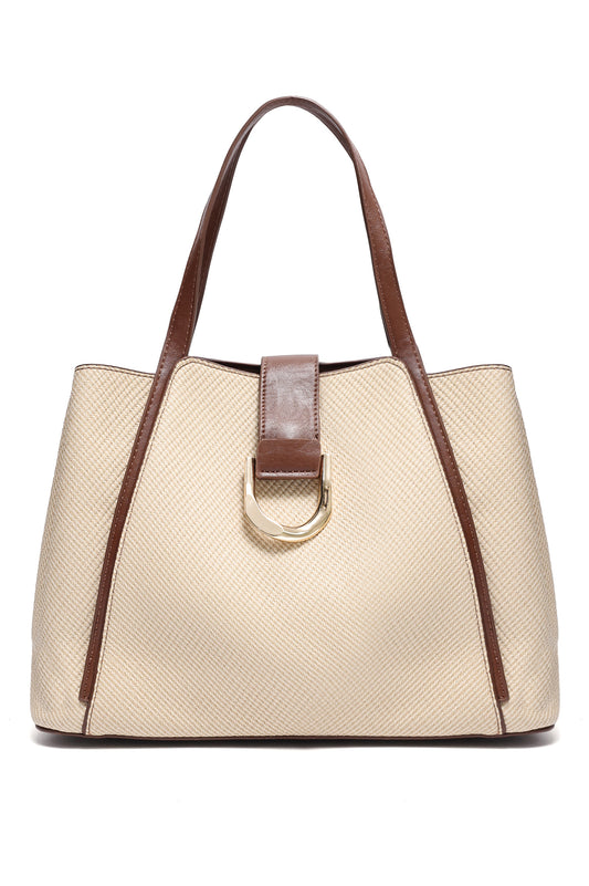 D-RING TEXTURED TOTE BAG-BEIGE/BROWN