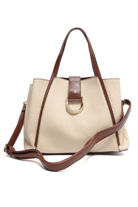 D-RING TEXTURED TOTE BAG-BEIGE/BROWN