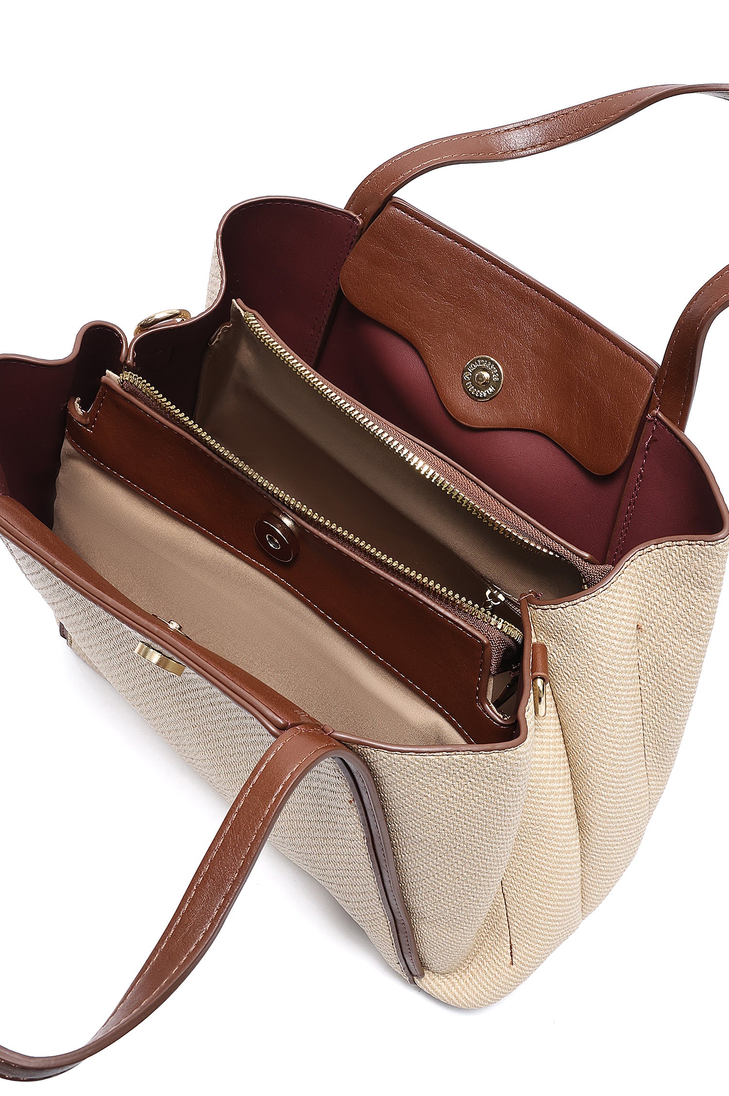 D-RING TEXTURED TOTE BAG-BEIGE/BROWN