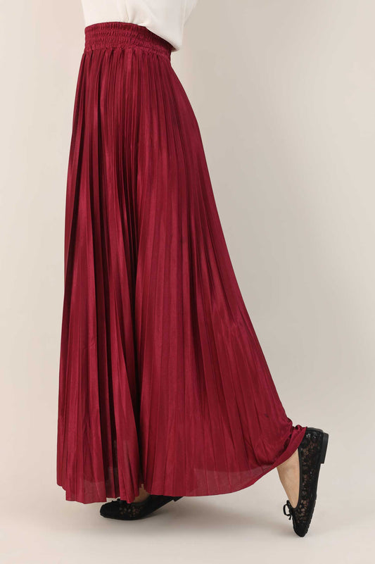 SATIN PLEATED MAXI SKIRT-MAROON
