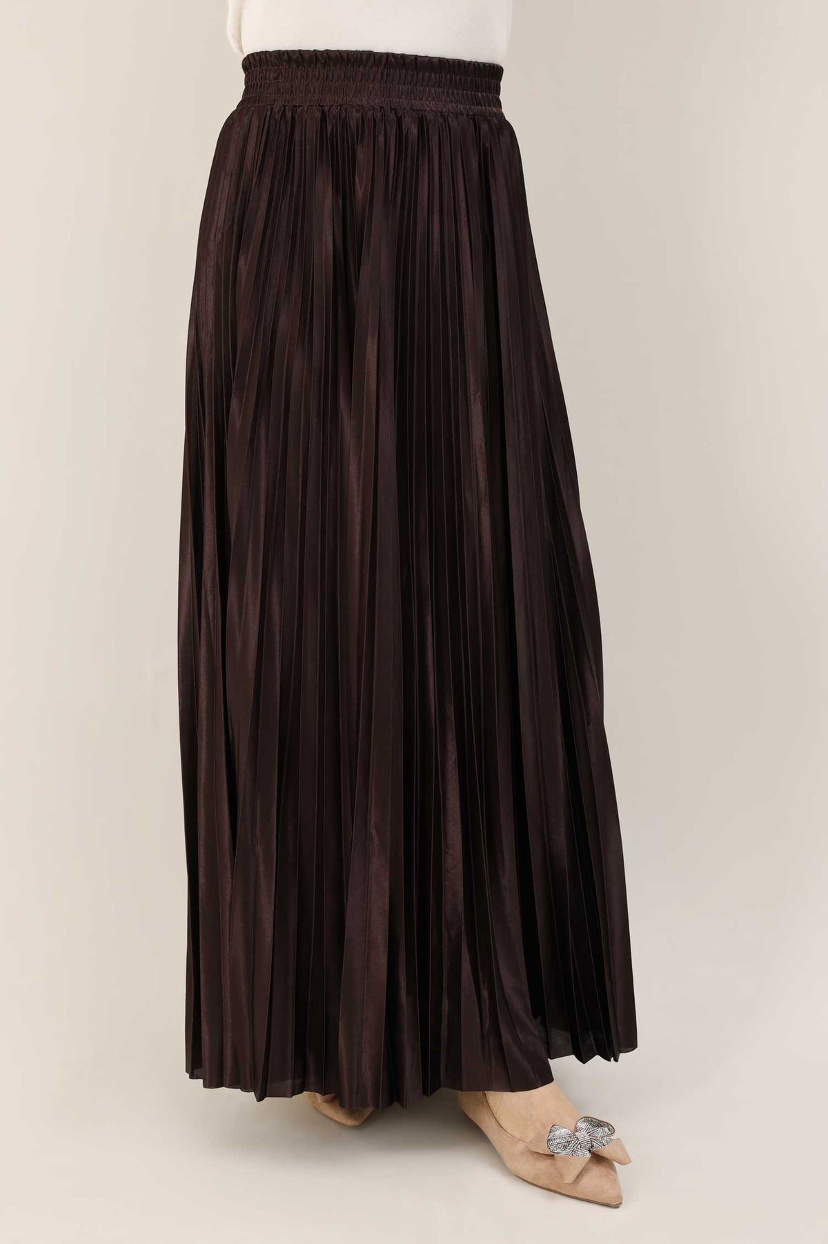 SATIN PLEATED MAXI SKIRT-COFFEE
