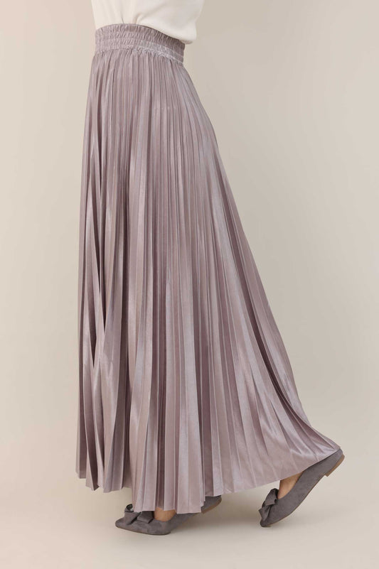 SATIN PLEATED MAXI SKIRT-GREY