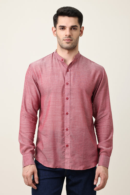 CROWN ELEGANT BAND NECK SHIRT-RED
