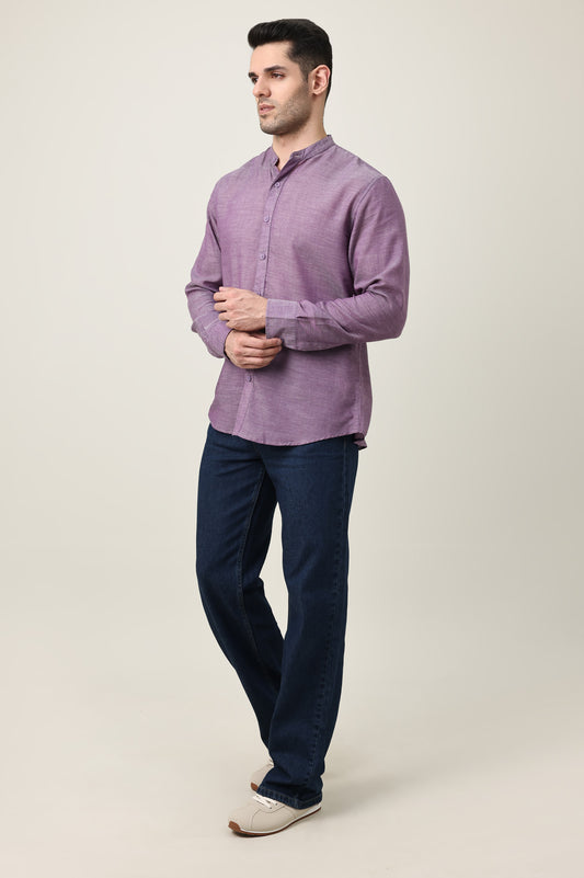 CROWN ELEGANT BAND NECK SHIRT-PURPLE