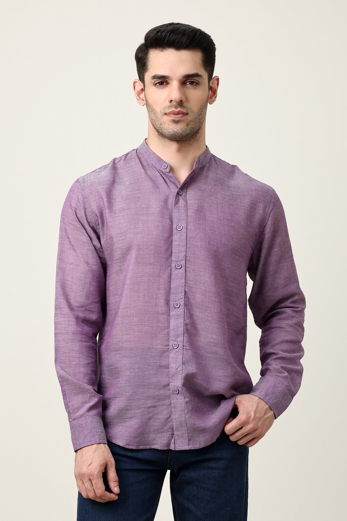 CROWN ELEGANT BAND NECK SHIRT-PURPLE