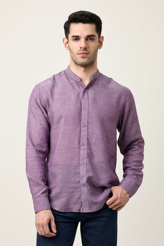 CROWN ELEGANT BAND NECK SHIRT-PURPLE