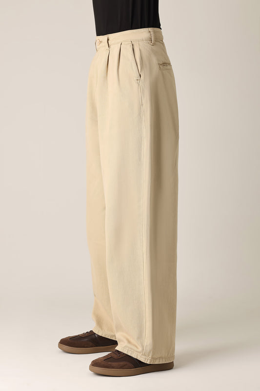 DOUBLE PLEAT WIDE TROUSER-KHAKI