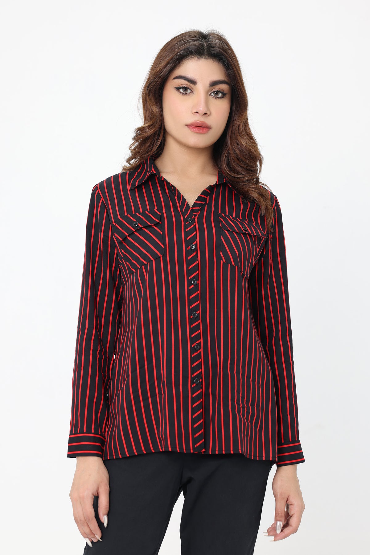 STIRPED BUTTON-UP SHIRT-RED/BLK