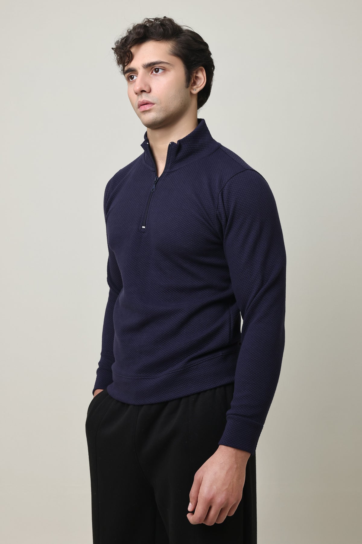 PREMIUM TEXTURED HALF-ZIP SWEATSHIRT-NAVY