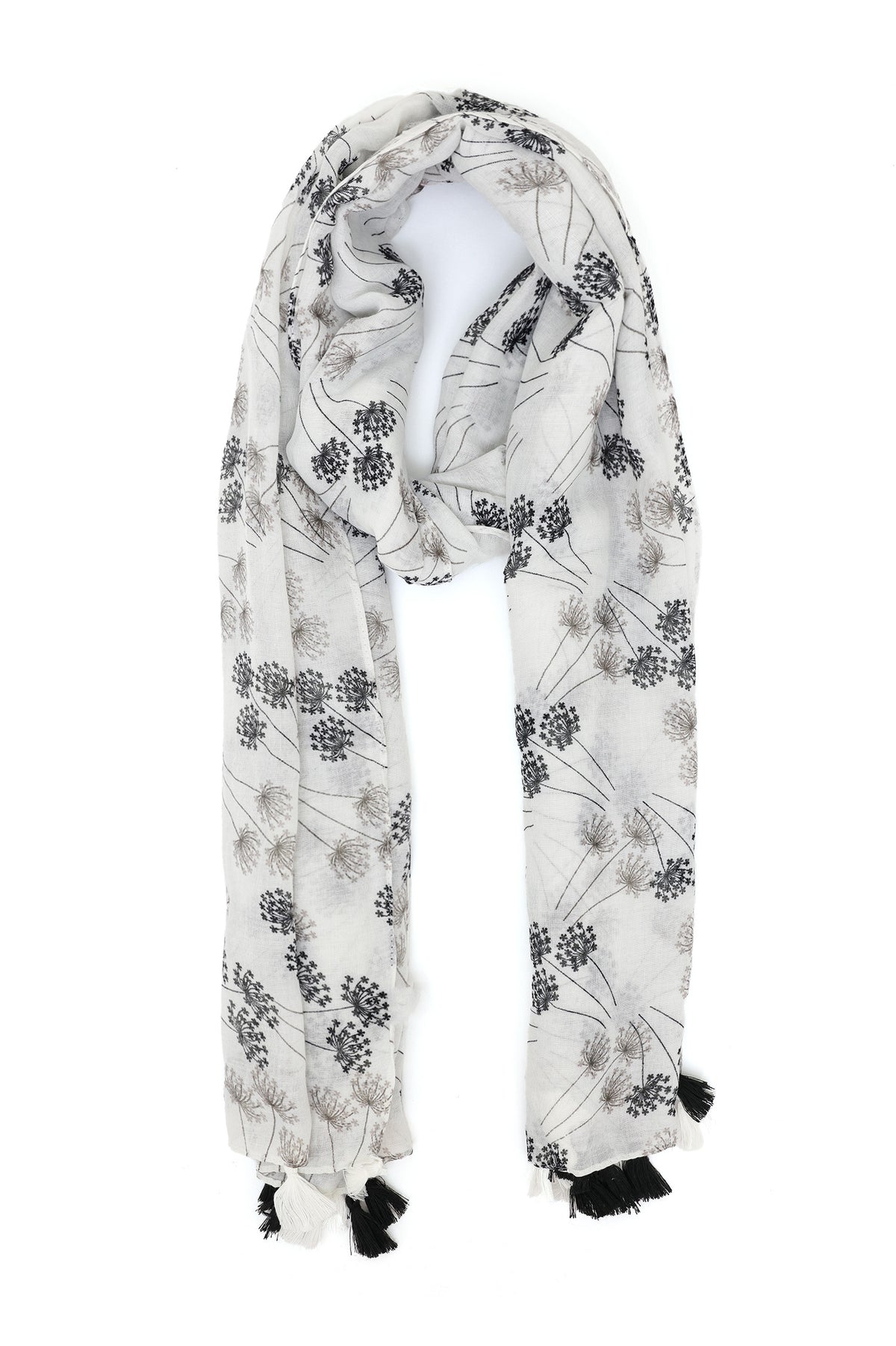 BLOSSARIA TASSELED SHEER SCARF-GREY