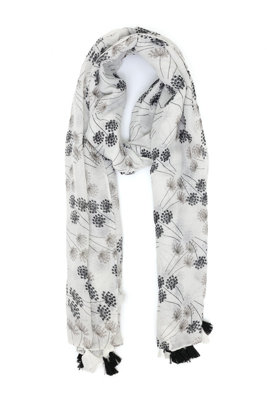 BLOSSARIA TASSELED SHEER SCARF-GREY