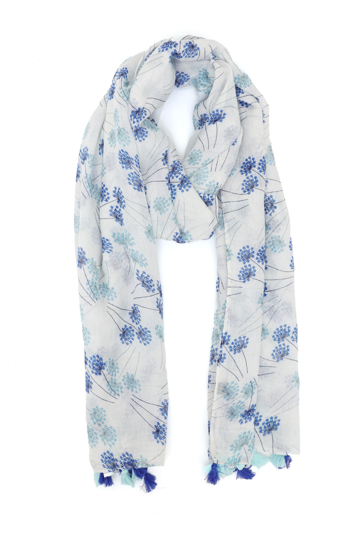 BLOSSARIA TASSELED SHEER SCARF-