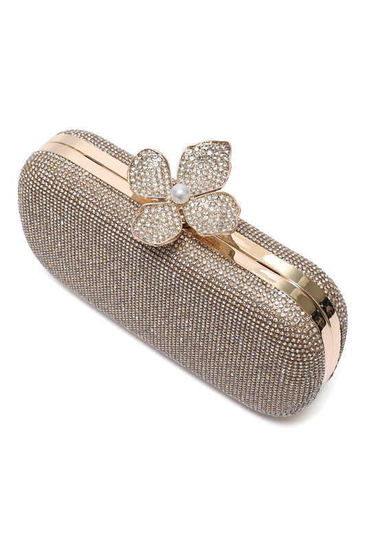 LOTUS CLASP RHINESTONE CLUTCH-GOLD