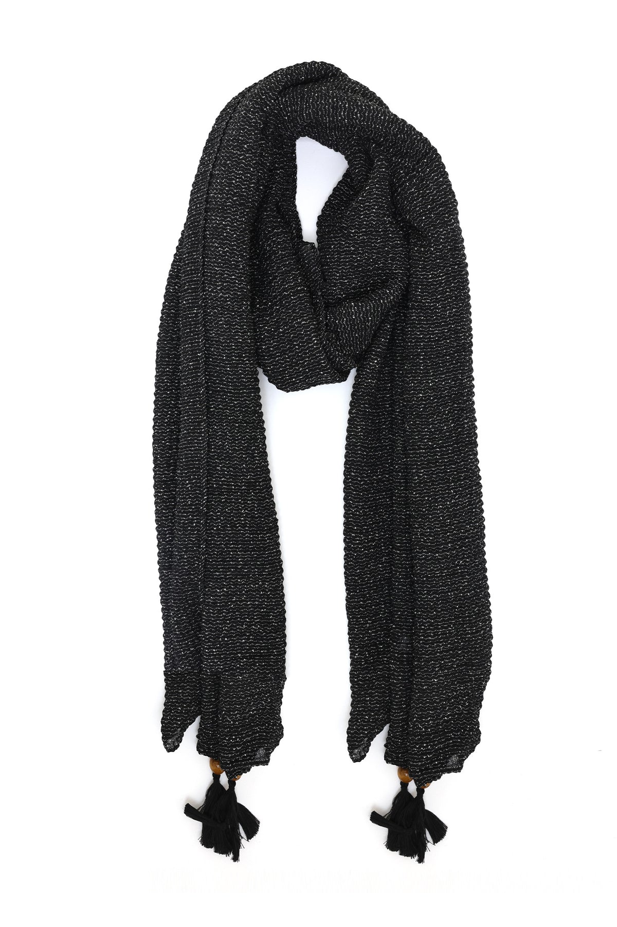 GRACEBEAD TEXTURED TASSEL SCARF-BLACK