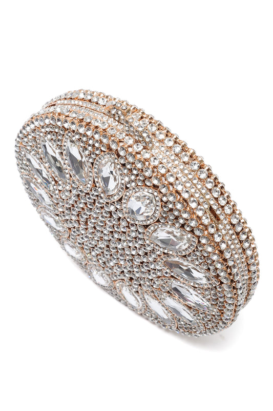 ROUND CRYSTAL EMBELLISHED STATEMENT CLUTCH-SILV-GOLD
