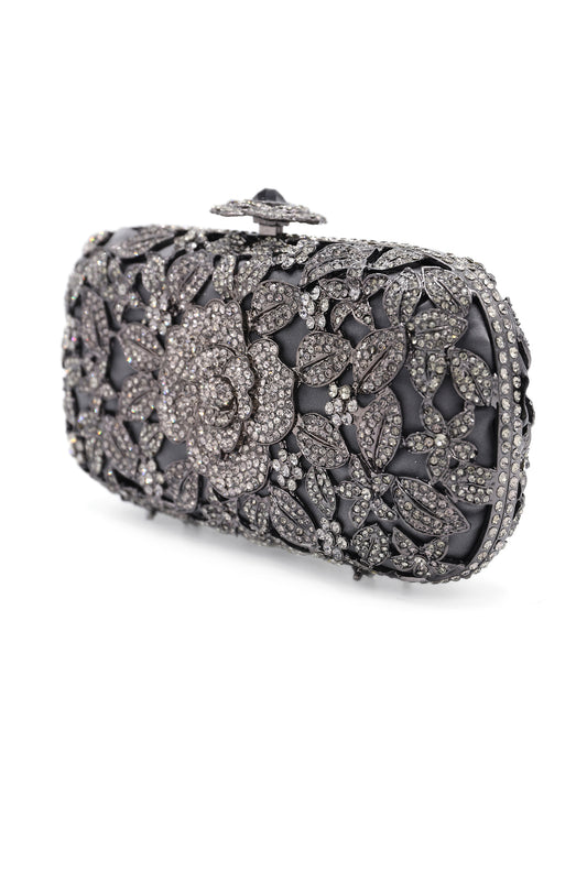 CRYSTAL FLOWER CLUTCH-GREY