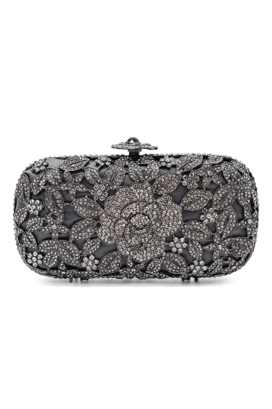 CRYSTAL FLOWER CLUTCH-GREY