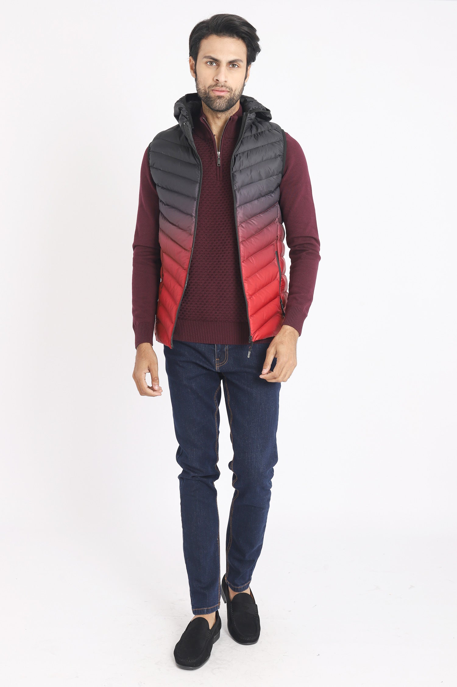 QUILTED GILET WITH HOOD-RED