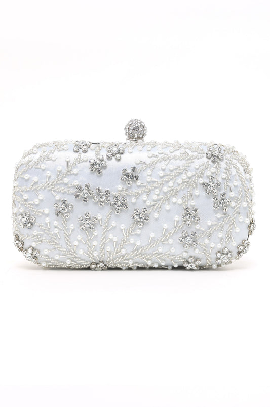 ELEGANCE FLORAL PEARL EMBELLISHED CLUTCH-WHITE