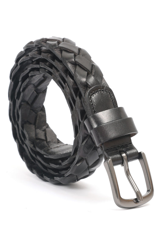 KNOT LEATHER BELT-WEAVE-BLACK