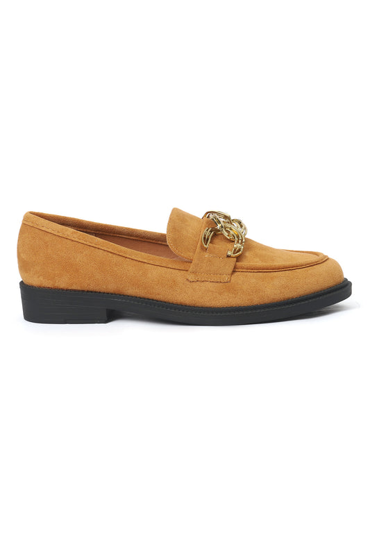 CHAIN TRIM SUEDE LOAFERS-MUSTARD