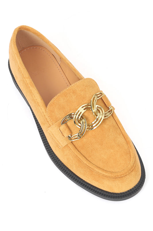 CHAIN TRIM SUEDE LOAFERS-MUSTARD