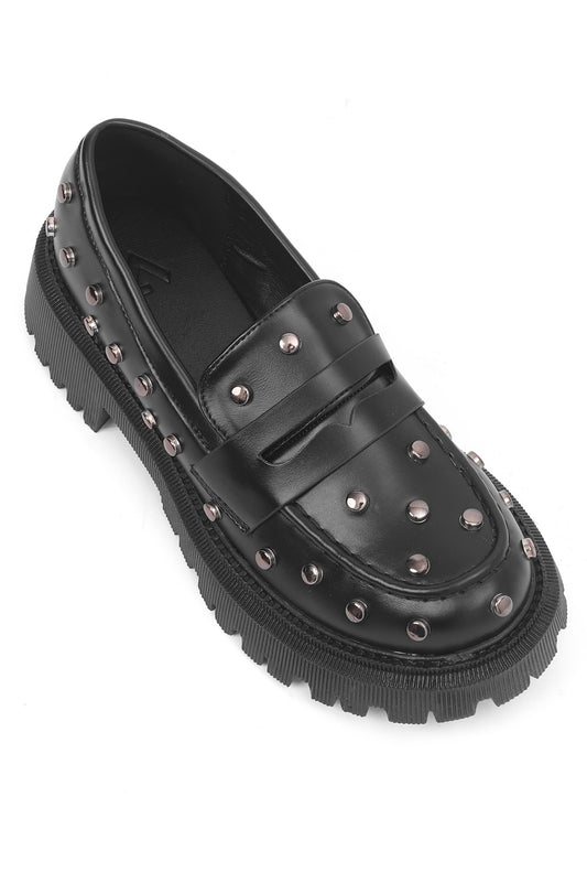 STUDDED CHUNKY LOAFERS-BLACK