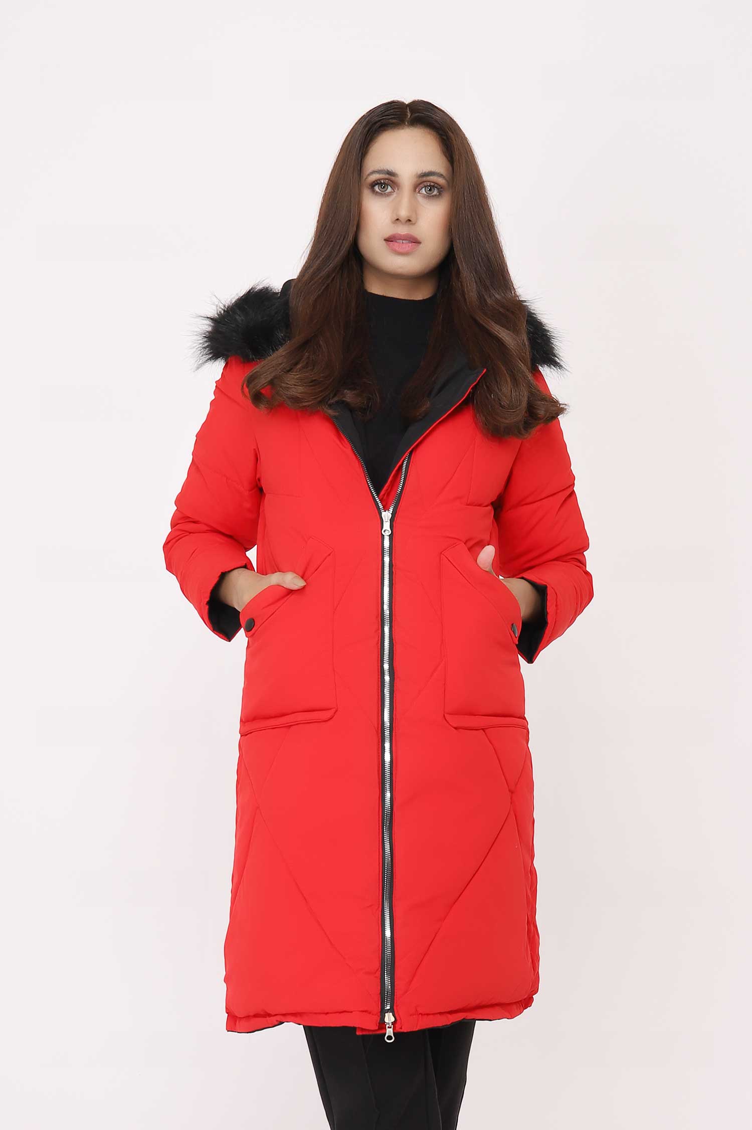 Parka Long Red Puffer Coat LONG PUFFER JACKET-RED-BLACK