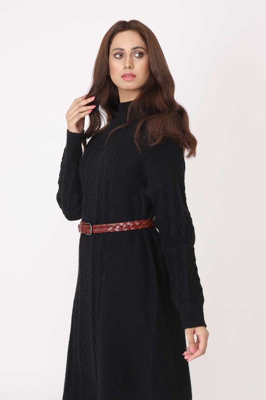 KNITTED LONG SWEATER-BLACK