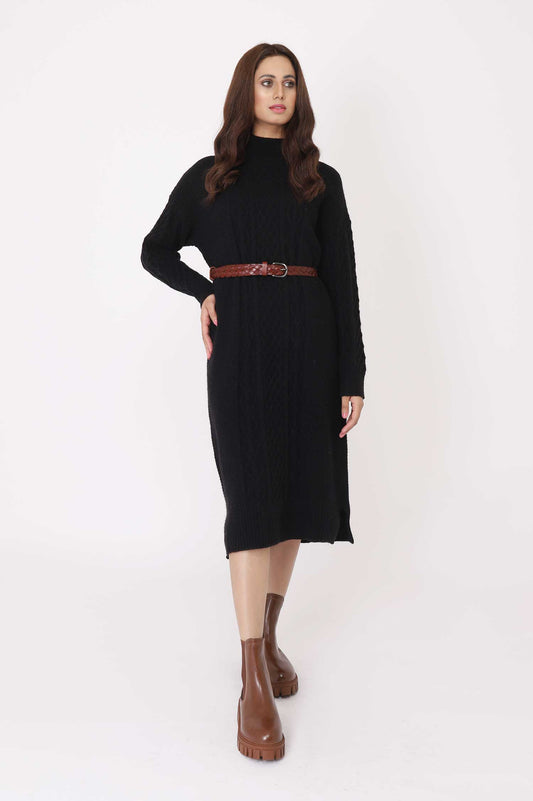 KNITTED LONG SWEATER-BLACK