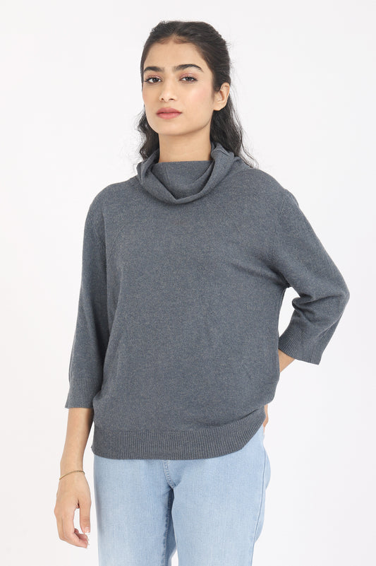 HIGH COLLAR KNIT SWEATER-NAVY