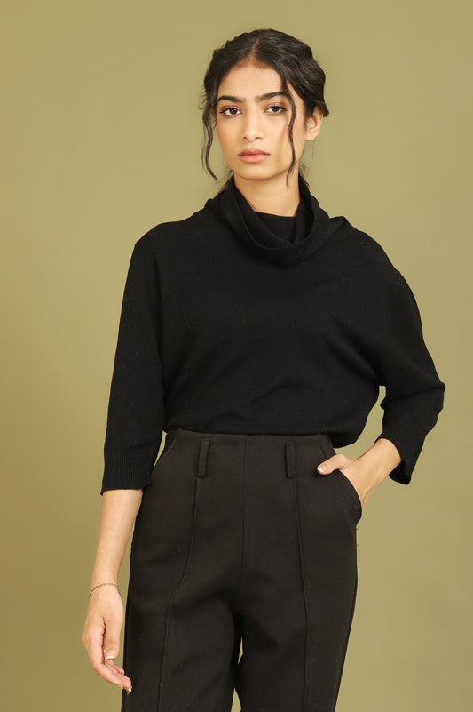 HIGH COLLAR KNIT SWEATER-BLACK