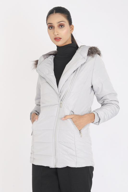 FUR QUILTED PUFFER JACKET-GREY