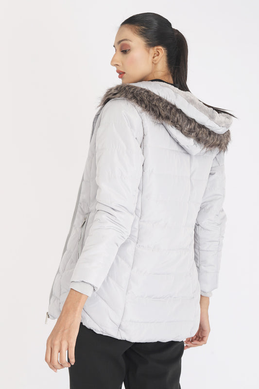 FUR QUILTED PUFFER JACKET-GREY