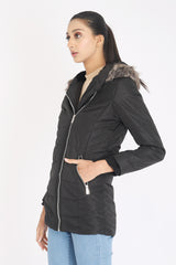 FUR QUILTED PUFFER JACKET-BLACK