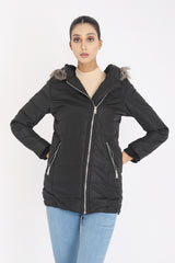 FUR QUILTED PUFFER JACKET-BLACK